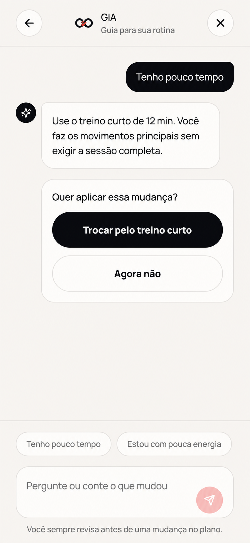 GIA propondo um treino curto para um dia com pouco tempo