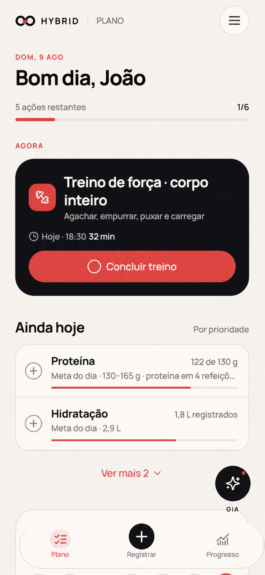 Plano do dia e treino de força no Hybrid App