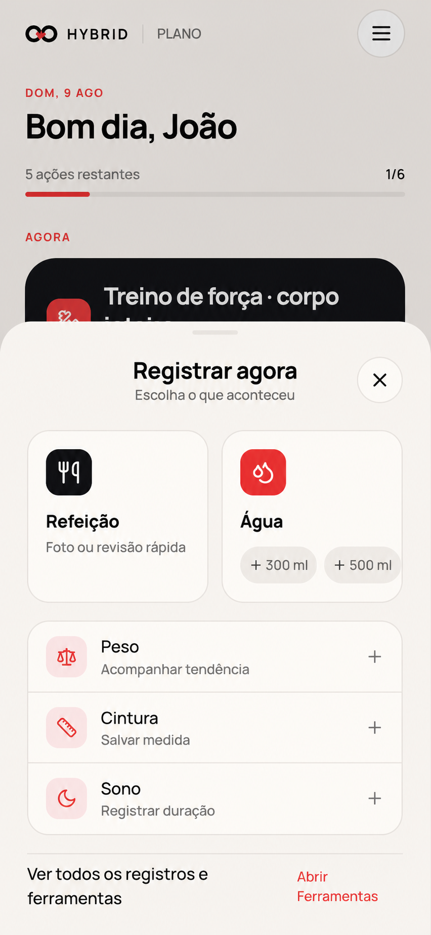 Registro de refeições, proteína e hábitos no Hybrid App